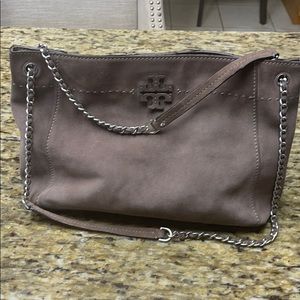 Tory Burch grey suede chain Slouchy shoulder tote